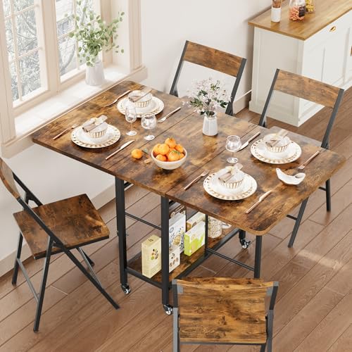Garvee Dining Table Set for 4 Foldable Dining Table with 4 Foldable Chairs Rectangle Space Saver Table and Chairs Set with Swivel Wheels for Small Space Apartment Kitchen Dining Room Rustic Brown