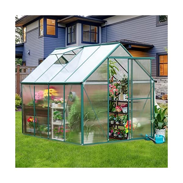 WACASA 6.2' x 8.2' Polycarbonate Greenhouse Kit for Outdoors, Aluminum Heavy Duty Walk-in Greenhouse with Lockable Slid Door, 2 Roof Vent and Raised Base, Outside Greenhouse for Backyard Plants
