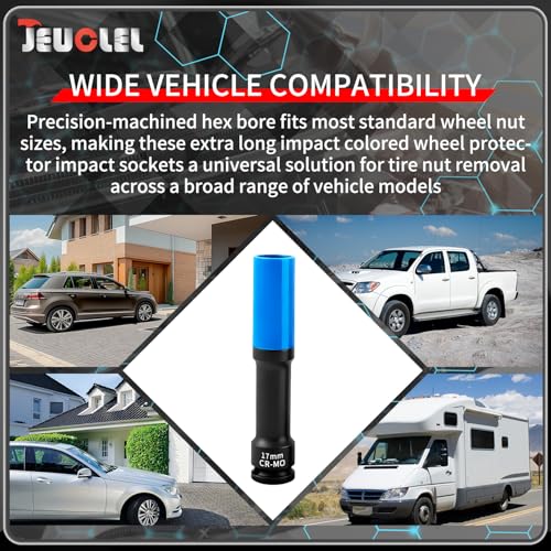 Image of 17mm 1 /2 inch Extra-Long Wheel Protector Impact Socket, Lug Nut Removal | 6 Point, Non-Marring, Thin Wall, Deep Socket, Wheel Protector, Protective Socket, Color-Coded, Cr-Mo Steel, Hand Repair Tool