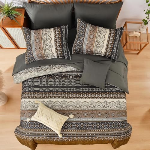 Image of Cottolester Boho Comforter Set Full Size 8 Pieces,Brown Black Bohemian Comforter Paisley Striped Bed in A Bag,Soft Microfiber Bedding Set for All Season