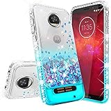[GW USA] Liquid Glitter Phone Case Compatible for Motorola Moto Z2 Play / Z2 Force Case [Temper Glass] Bling Shock Proof Diamond Clear Bumper for Girls Women - Aqua