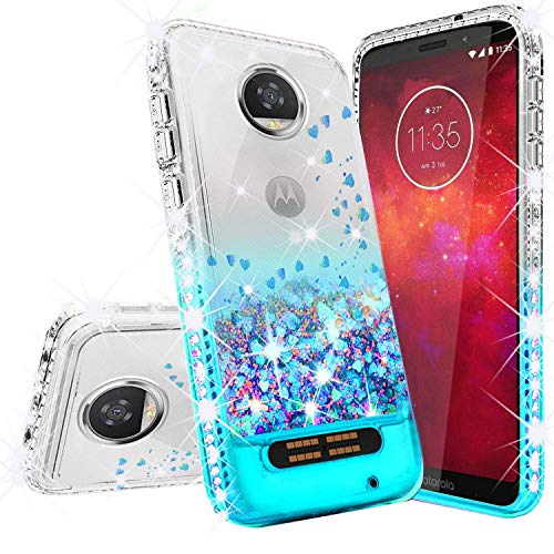 [GW USA] Liquid Glitter Phone Case Compatible for Motorola Moto Z2 Play / Z2 Force Case [Temper Glass] Bling Shock Proof Diamond Clear Bumper for Girls Women - Aqua