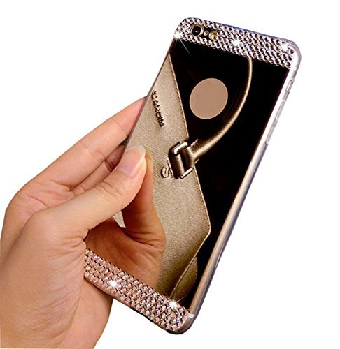 iPhone 6 Plus Case, UnnFiko Beauty Luxury Diamond Hybrid Glitter Bling Soft Shiny Sparkling with Glass Mirror Back Plate Cover Case for Apple iPhone 6 Plus (5.5 Inch) - Retail Packaging (Gold)
