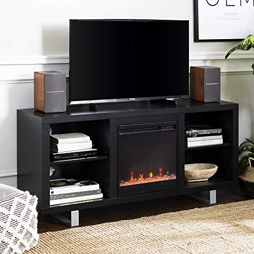 Walker Edison Modern Wood And Metal Fireplace Tv Stand For Tv's Up To 64" Flat Screen Living Room Storage Shelves Entertainment Center, 58 Inch, Black #TOP8
