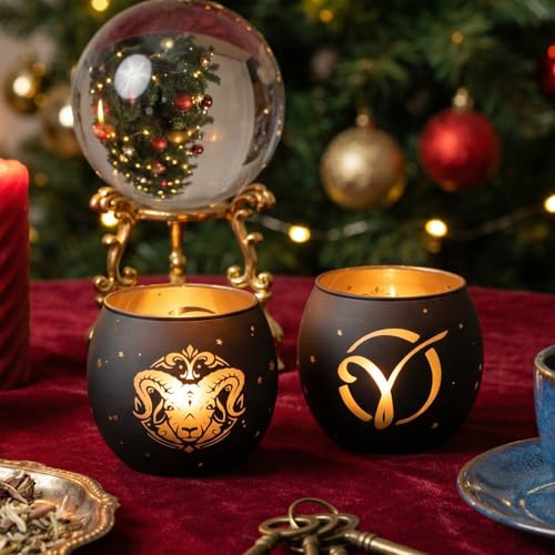 Widder Geschenke für Frauen Männer - Sternzeichen Kerzenhalter 2er Set, Teelichthalter Glas mit Lasergravur, Votivkerzenhalter Astrologie Deko, Sternbild Geburtstag Geschenk, Schwarz & Gold