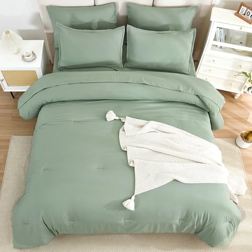 Litanika Comforter Queen Size Set Sage Green - 7 Pieces Bed in a Bag Queen Bedding Comforter Sets, Plain Lightweight Bed Set with Comforter, Sheets, Pillowcases & Shams