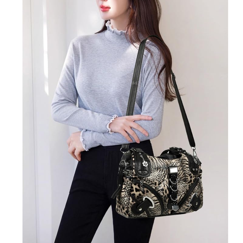 Bolso bandolera Y2K de piel sintética para mujer, diseño de leopardo, gran capacidad, elegante paquete de correas para moto, con tachuelas de lujo