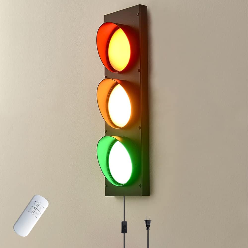 Industrial Traffic Light Vintage Stop Light with Remote, Cool Wall Decor LED Wall Sconce Lighting, 18.5" Fun Wall Lamp for Kids Bedroom, Office, Bar (with Plug)