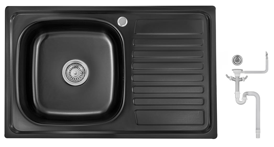 Preero - Fregadero de 80 x 50 acero inoxidable 304, cuadrado, 1 cubeta, cocina, escurridor, fregadero de cocina, color plateado y negro (estante derecho y lavabo izquierdo – negro)