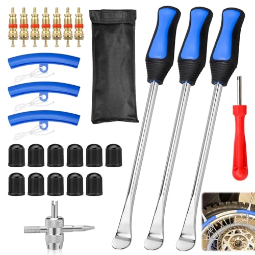 Kigniote Reifenmontierhebel Reifen Montiereisen 27Stück Reifenmontage Werkzeug Reifenlöffel Montierhebel Reifenheber Motorrad E Scooter Auto Fahrrad mit 3 Felgenschutz Reifenmontiergerät
