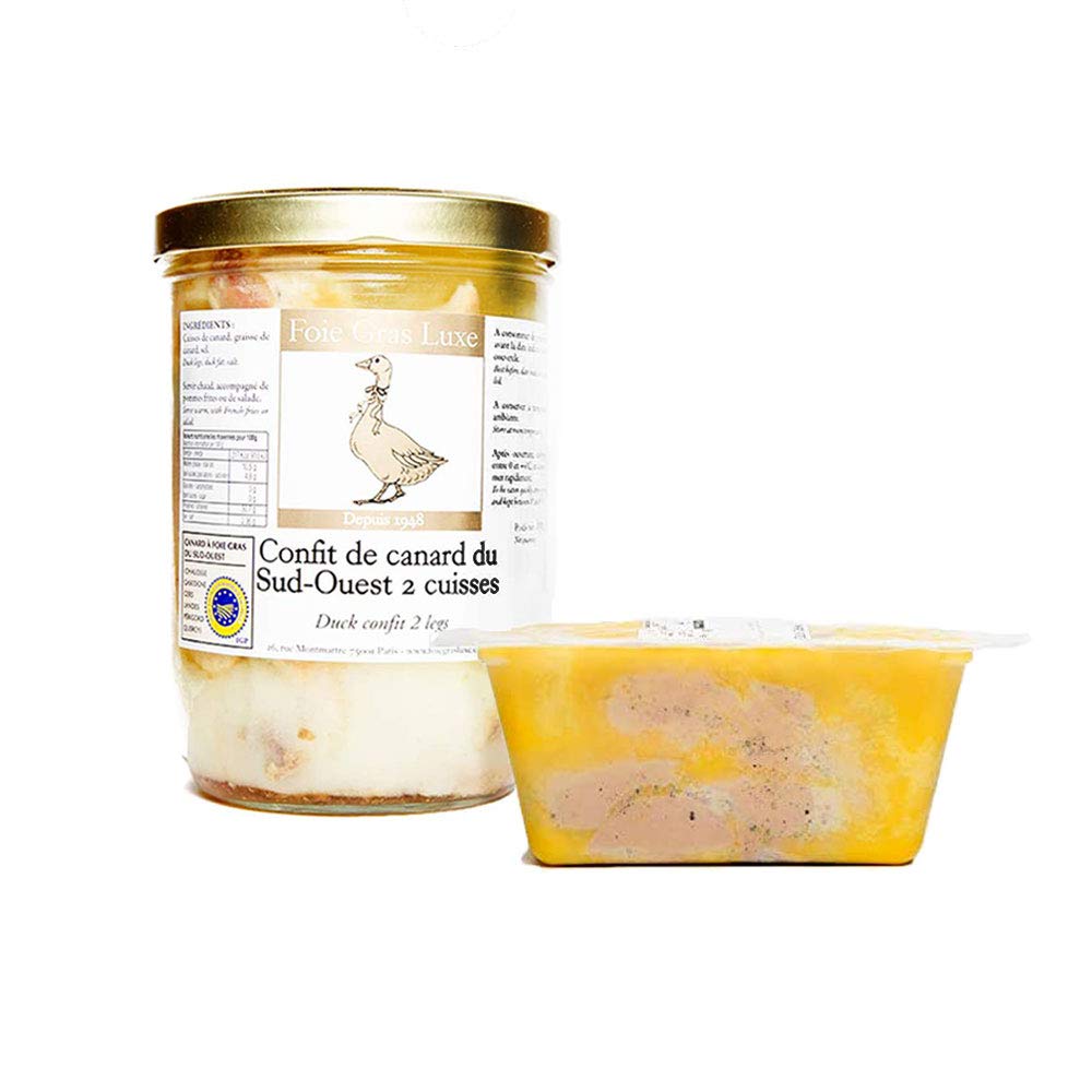Box Produits du Sud-Ouest - 2 spécialités de la Ferme Foie Gras Luxe au Canard- Terrine de Foie Gras de Canard 270 gr - Confit de Canard 2 cuisses - Bocal en Verre - Sans Additifs Sans OGM