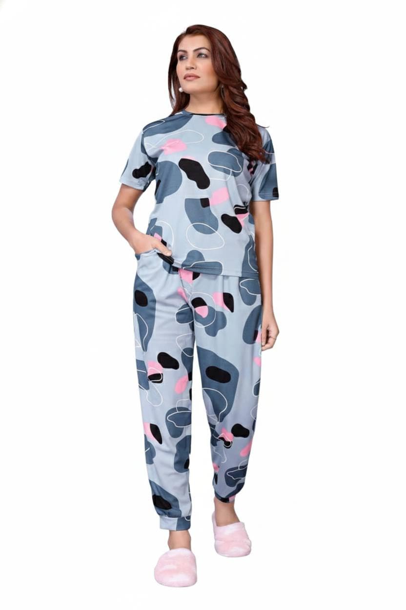 Women's Abstract Print Nightsuit Set, Short Sleeve Top with Pyjama, Loungewear-picture-46