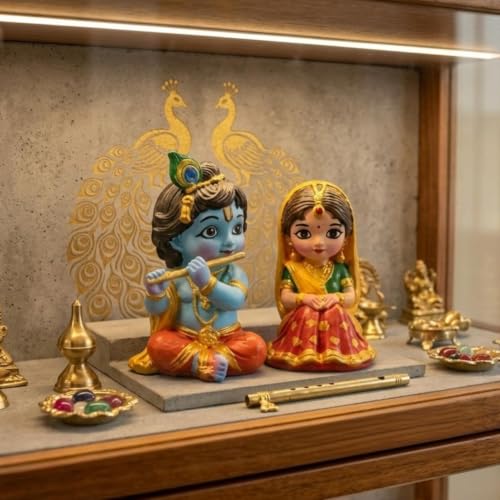 Image of Miniature Radha Krishna Pair Showpiece - Small Resin Cute Bal Gopal and Radha Rani Doll Set for Living Room Decoration, Janmashtami Decor, Navratri Golu & Wedding Return Gifts