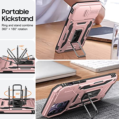 Kovasia For Iphone 14 Pro Max Case With 2Pcs Screen Protector & Slid Camera Lens Protector,14 Pro Max Case With Kickstand, Shockproof Military-Grade Protection Case For Iphone 14 Pro Max, Rose Gold #TOP3