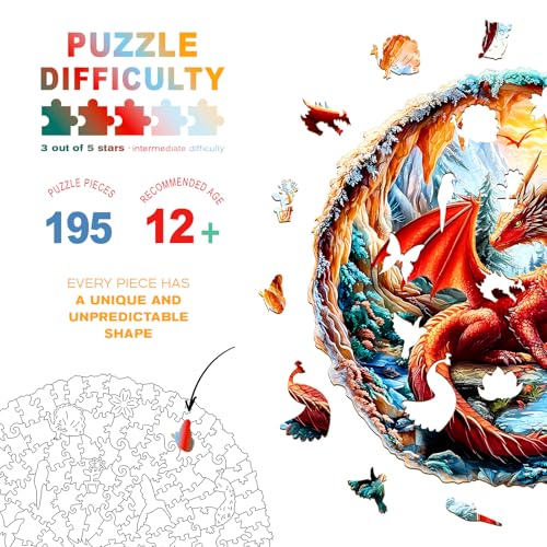 Wooden Puzzles for Adults - Crimson Dragon Wooden Jigsaw Puzzle - Unique Shape 3D Vision Wood Puzzles Adult - Christmas Birthday Gifts for Adults/Friends/Family - 195pcs 11.4 * 11.4in - Image 2