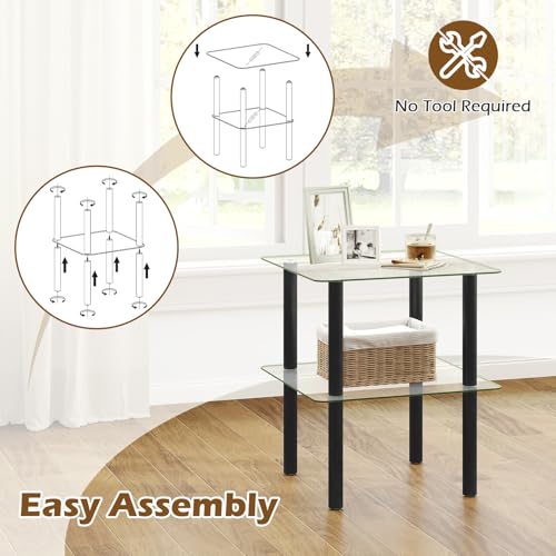 Image of GIANTEX Square End Table, 2-Tier Sofa Side Table with Clear Tempered Glass Top & Shelf, Small Accent Table with Solid Rubber Wood Legs for Living Room Bedroom Home Office (Black & Clear)