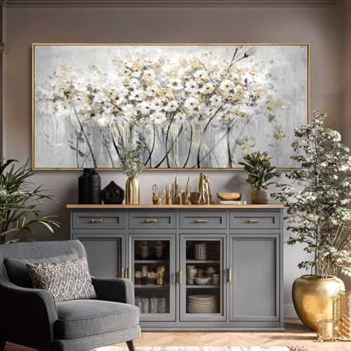 Image of VAYIMDH White and Gold Canvas Wall Art Flower Photo Prints Vintage Wood Wall Decor 40 inchx86 inch Kitchen Artwork Pictures for Bedroom