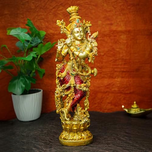 Ekhasa Marble Dust Lord Krishna Idol with Flute (14 inch, Big Size) | Colorful Gold Shree Lord Krishna Statue for Home Decor | Resin Kanha Ji ki Murti | Sri Krishna Idols for Gift