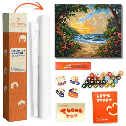 Image of Art Therapy Pcn18 Linen Canvas DIY Paint by Numbers Kit 15 x 20 Inch for Adults & Kids with 2 Set of Acrylic Oil Painting Colors with Brushes and Colors for Stress Relief, Relaxation, Focus & Home Decoration (Ocean)