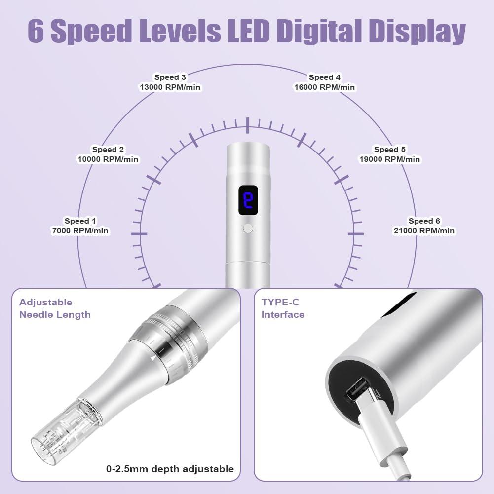 Vicloon Elettrico Dermapen Microneedling Professionale, Derma Penna con Schermo LCD e 6 Livelli incl. 12 pezzi Cartucce, Regolabile 0-2,5 mm (Argento)