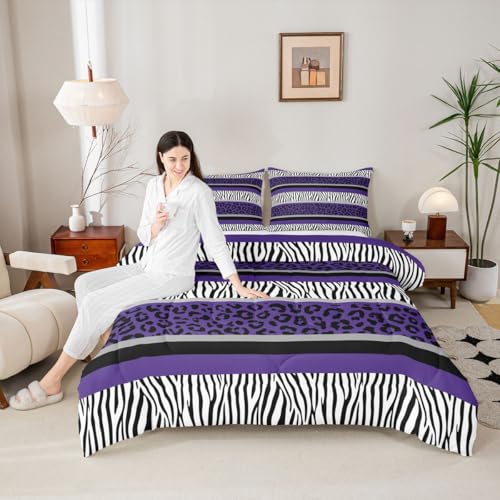 Image of Feelyou Leopard Print Comforter Set Toddler Size Zebra Stripes Bedding Set for Kids Boys Girls Teens Purple Black White Zebra Leopard Fur Comforter Safari Animal Hair Duvet Set Room Decor Quilt