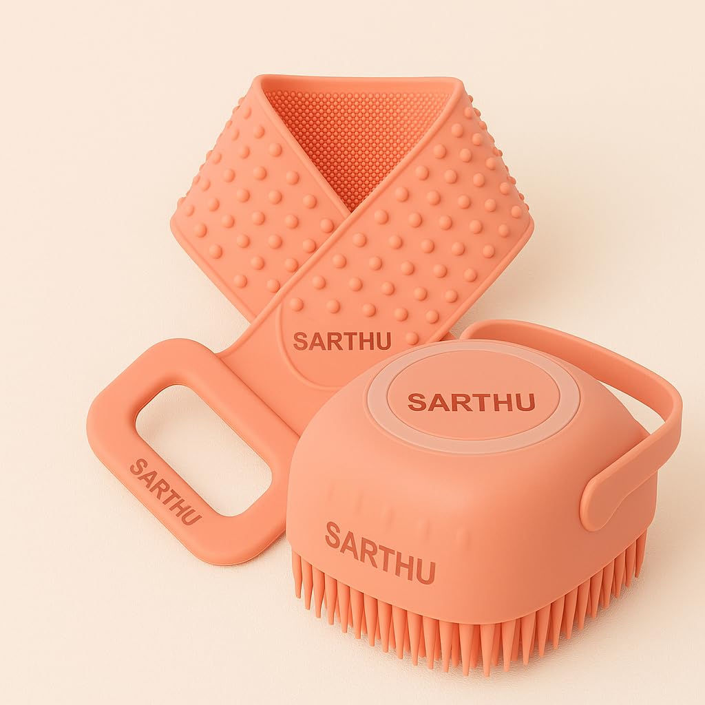 SARTHU Combo Pack of 2 Body Back Scrubber And Silicone Bath Brush with Soap Dispenser Double-Sided Exfoliating Belt for Deep Cleaning, Dead Skin Removal & Massage Soft Silicone Body & Pet Bath Brush for Men Women Kids & Pets Multicolor