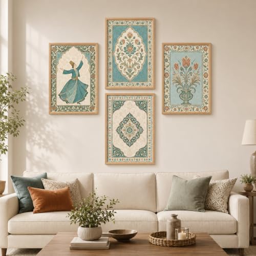 Image of Livin'luxe Set of 4 Persian Floral & Sufi Dancer Wall Paintings with Sparkle Laminate and Premium Wooden Synthetic Frame for Living Room Bedroom Office Decor (13.5 x 19.5 Inch)