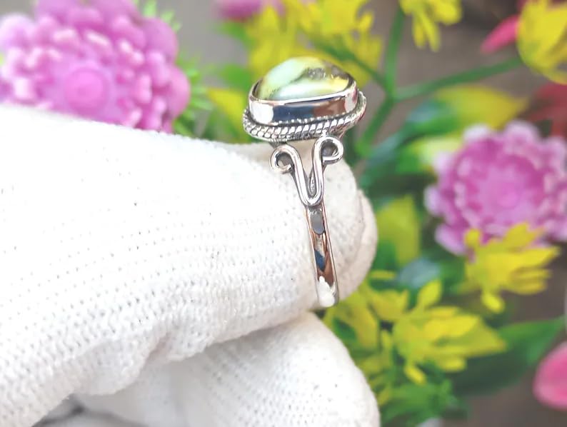 925 Sterling Silver Green Serpentine Ring in Handmade Vintage Bohemian Style Gemstone Ring for Women Artisan Jewelry