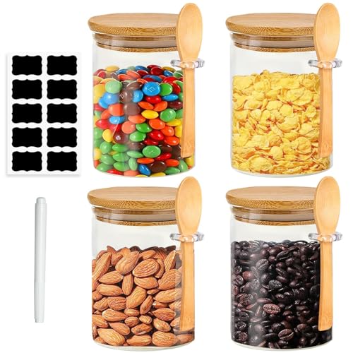 Kezidhp Vorratsgläser mit Deckel und Löffel, 4er Set 540ml – Luftdichte Aufbewahrung für Pasta, Müsli, Nüsse, Bohnen, Kaffee, Cornflakes,...