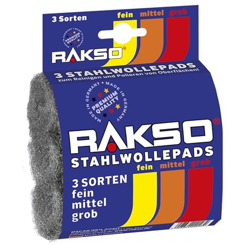 RAKSO Lana de acero, almohadillas de pulido y lijado para manualidades, finas, medianas, gruesas, 3 almohadillas, esponjas abrasivas para madera, pintura, metal, limpieza y pulido