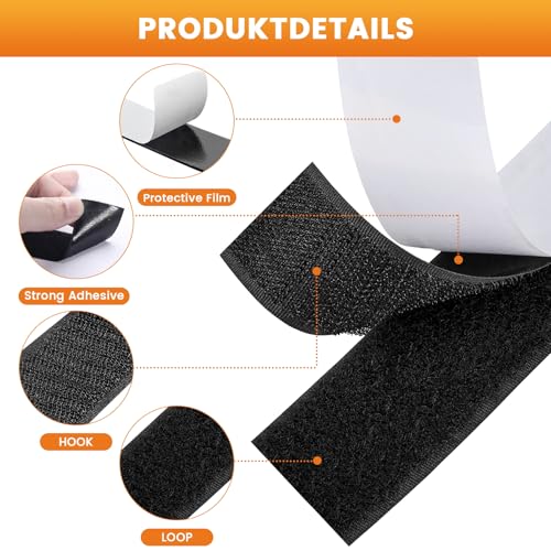 UPXDUMI Hook and Loop Tape 50mm x 5m Multipurpose Strong Self Adhesive Strips Heavy Duty Double Sided Sticky Back Roll Suitable for Home Carpet Sofa Picture Hanging Fabric Industrial Outdoor Black