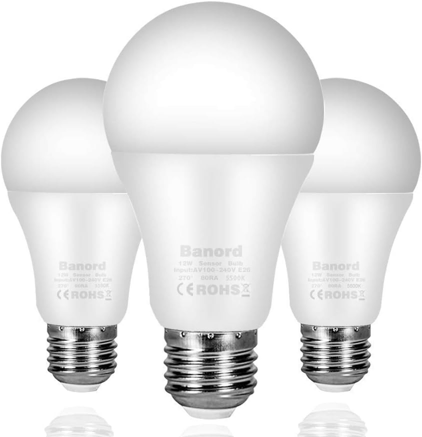 Banord Dusk to Dawn Light Bulbs, 3 Pack A19 Outdoor Sensor Bulbs with E26/E27 Base, 12W (100W Equivalent) Daylight Smart Automatic LED Bulbs with Auto on/Off for Porch, Patio, Yard, Garden