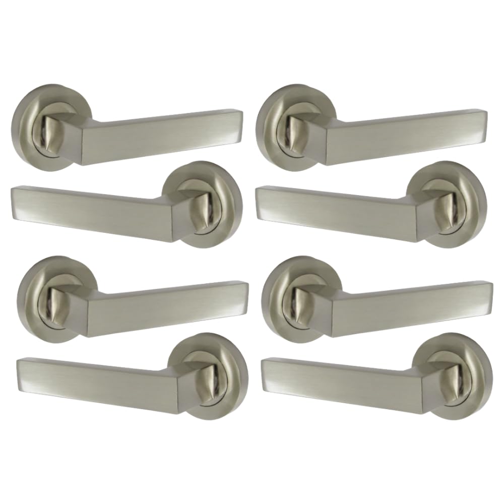 Epsom Door Handle – Modern Satin Nickel Lever on Rose (122mm Handle, 52mm Rose) | 4 Pack Stylish Square Contemporary Internal Door Handles