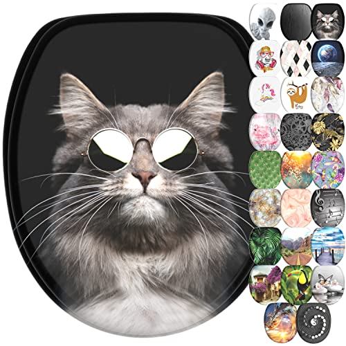 Sanilo Soft Close Toilet Seat, Wide Choice of New Toilet Seats, Stable Hinges, Easy to Mount (Cool Cat), Multicolor, 47 cm x 37.7 cm