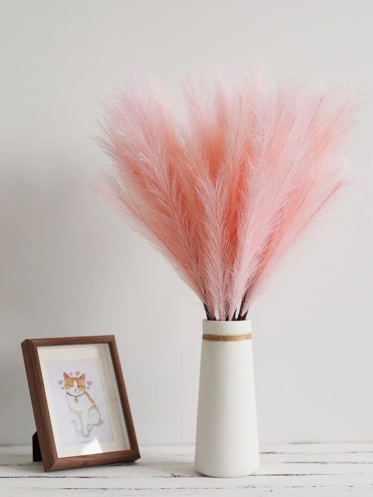 Image of Artificial Pampas Grass Set of 3 for Home Decor, Faux Fluffy Dried Flower Stems for Vase Decoration, Boho Table Centerpiece, Artificial Flowers for Living Room Bedroom Office Decor. (Light RED)