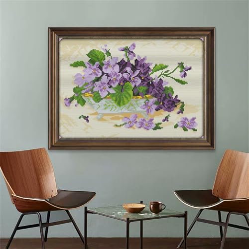 Image of JOYSEWING Purple Flower Basket Cross Stitch Kits Flower Classic Series Stamped Embroidery Starter Sets for Beginners DIY Home Decoration DMC 11CT- (Violet Bonsai(11CT) 18.11 x13.39 inches)