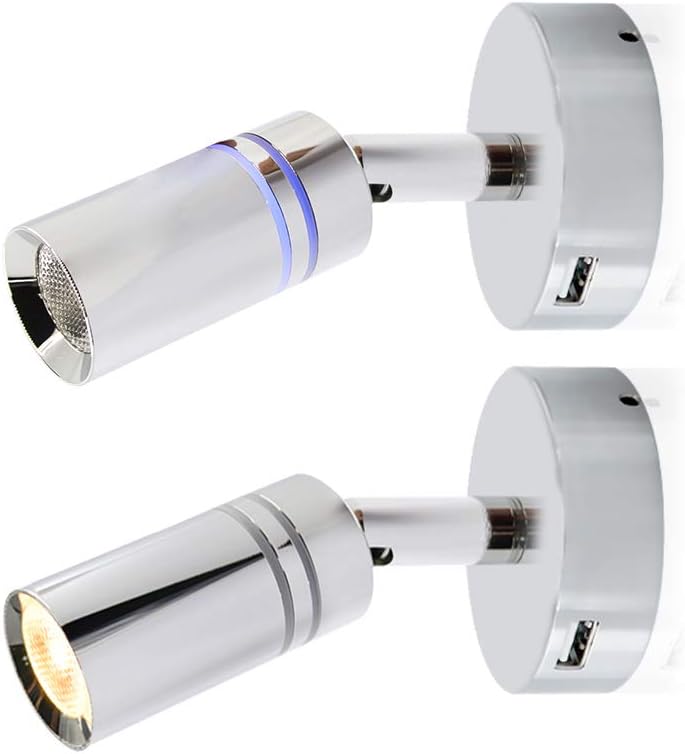 Adjustable RV 12V Reading Lamp - Dual Lighting Mode, Blue Nightlight has Dimmable Touch Switch, USB Port, Surface Mount on Caravan, Come with Hex Key and Screw in Beautiful Gift Box, Pack of 2