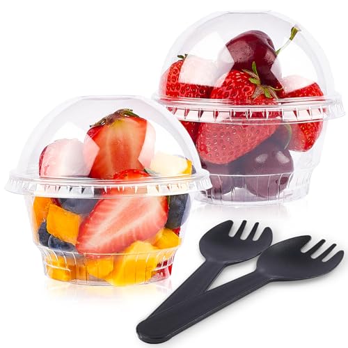 Zezzxu 50 Pack 8 oz Clear Plastic Cups with No Hole Dome Lids and Sporks Disposable Dessert Cups Mini Snack Bowls for Parfait, Ice Cream, Fruit, Cupcakes, Pudding