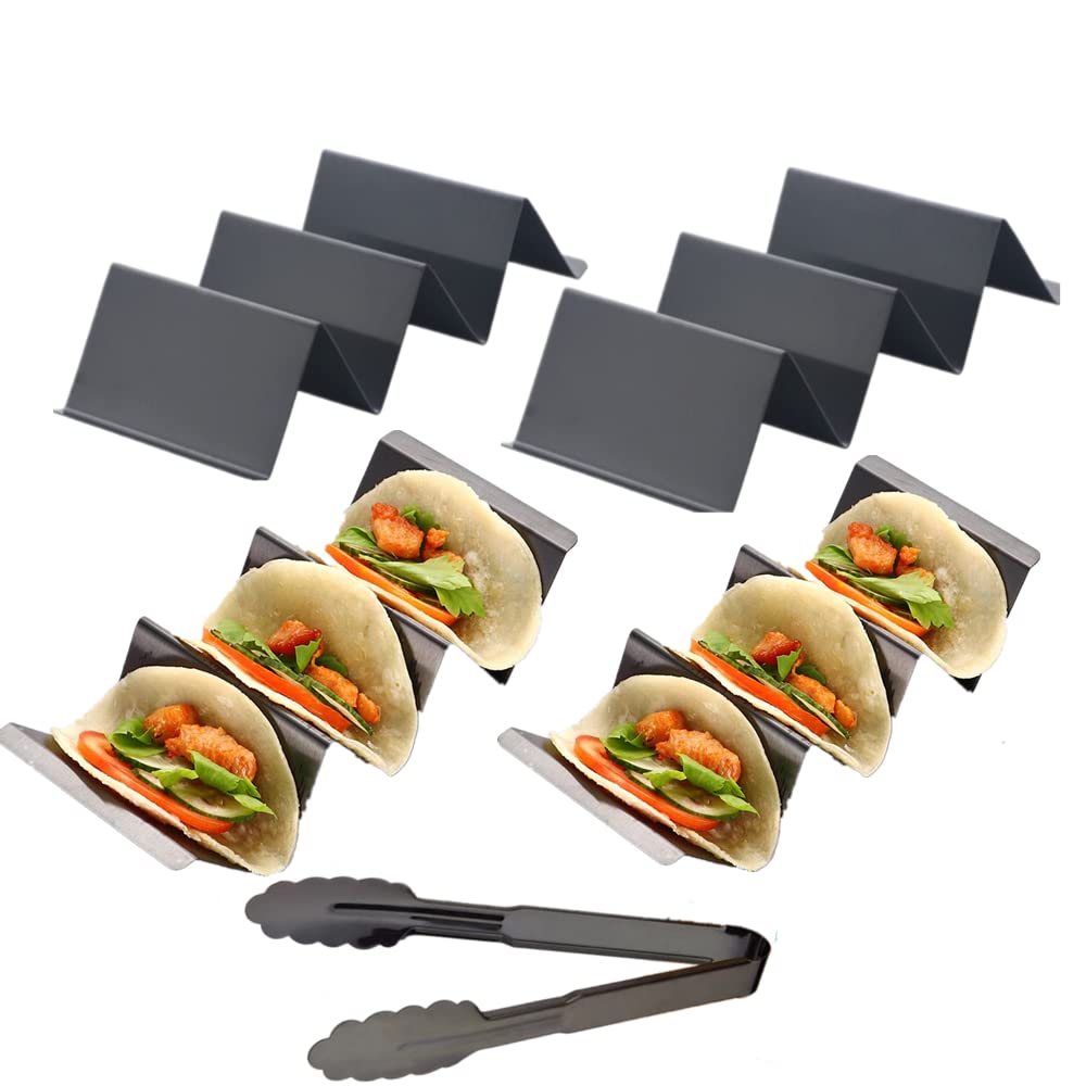Juego de 4 soportes para tacos de acero inoxidable con asas, incluye 1 pinza para alimentos, capacidad para 3 tacos cada uno, apto para lavavajillas y horno para fiestas