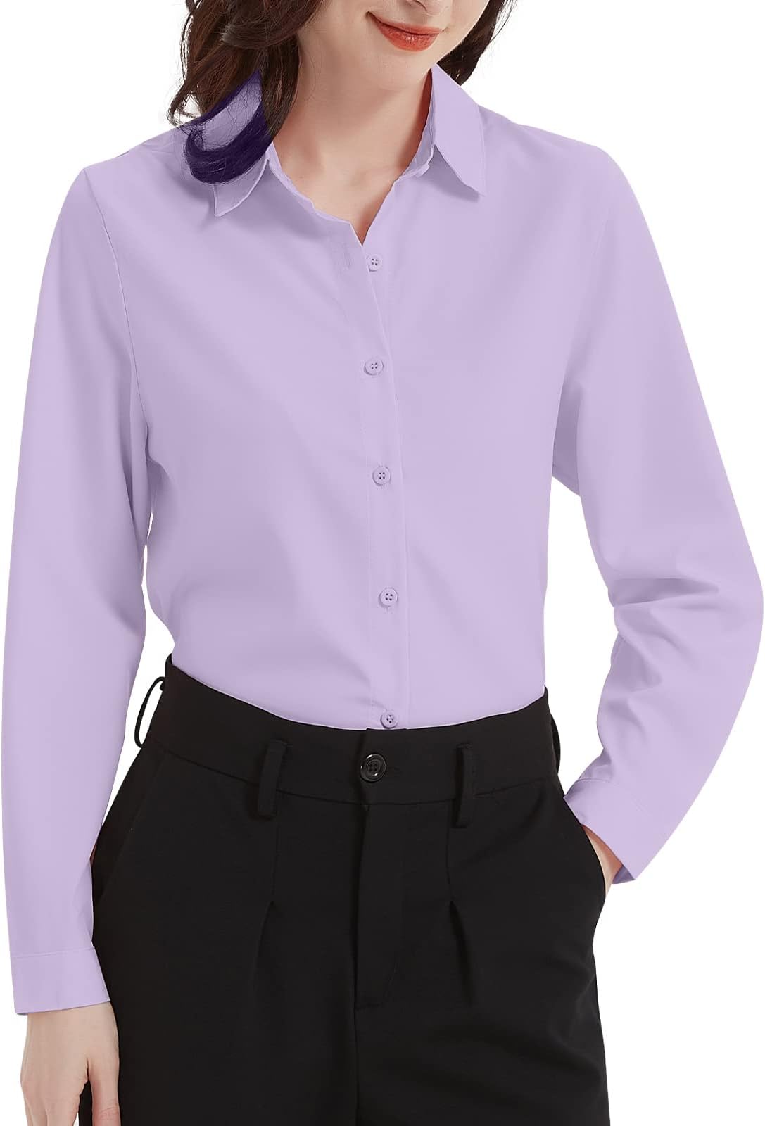 HOLADDBOXWomens Button Down Long Sleeve Shirt Plain Work Office Formal Wear Slim Fit Business Shirts