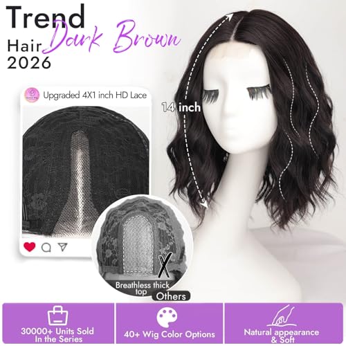 Image of Eawwii Dark Brown Short Wavy Wig for Women Lace Hairline Bob Style Synthetic Heat Resistant - Natural Appearance for Everyday Hairstyle 14 Inch