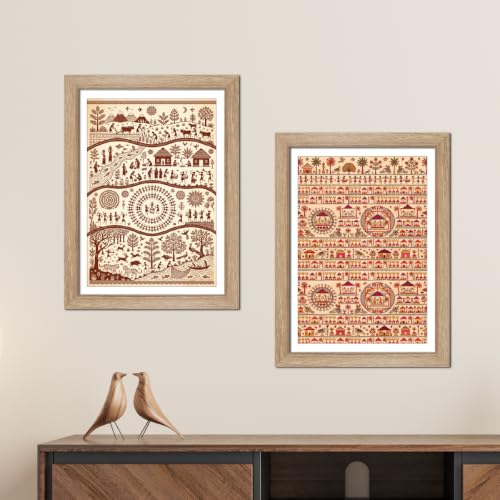 Image of TenorArts Traditional Tribal Folk Art Photo Frame Set of 2 , Indian Rural Arts Decor Wall Hanging Painting For Bedroom Living Room Cafe and Home decor / Minimal Drawing Framed Posters for Decoration (9x12 inches) [T2P-09T]