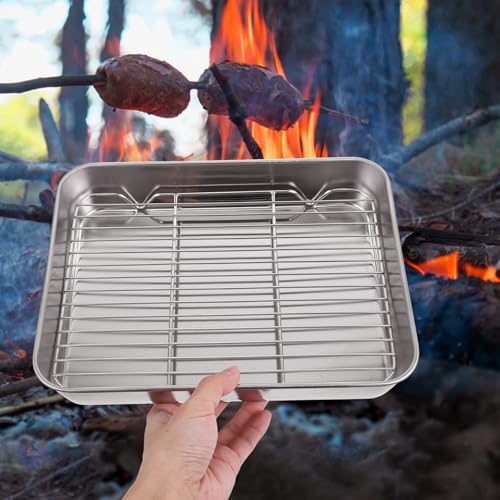 Bandeja rectangular de acero inoxidable para hornear carne asada con rejilla integrada 7