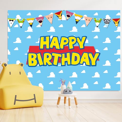 7x5ft Toy Inspired Story Birthday Backdrop Banner Story Birthday Party Supplies Infinity and Beyond Happy Birthday Backdrop Decorations for Kids Blue Sky White Clouds Photo Background