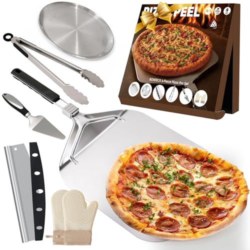 Bonteck Pizza Peel Aluminum Metal Pizza Spatula Kit | 12x14 Inch Foldable Handle Paddle | 6Pcs Pizza Oven Accessories with Rocker Cutter Pizza Pan Pizza Server Oven Mitts for Family Oven Baking