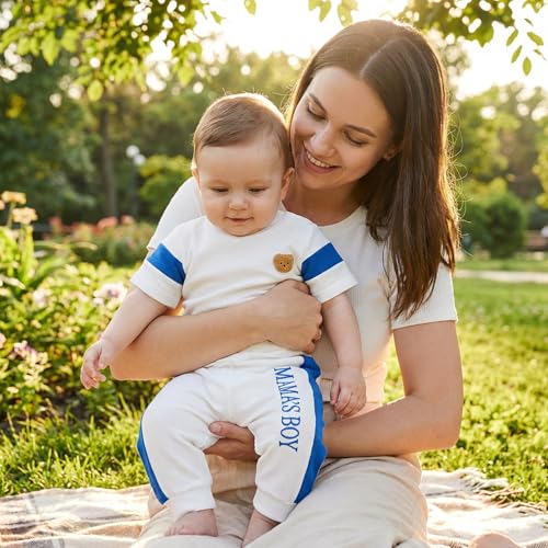 Image of Babieshouse Newborn Baby Boy Clothes Mamas Boy Bear Embroidery Long Sleeve Romper Pants Set Fall Winter Outfits 3-18 Months