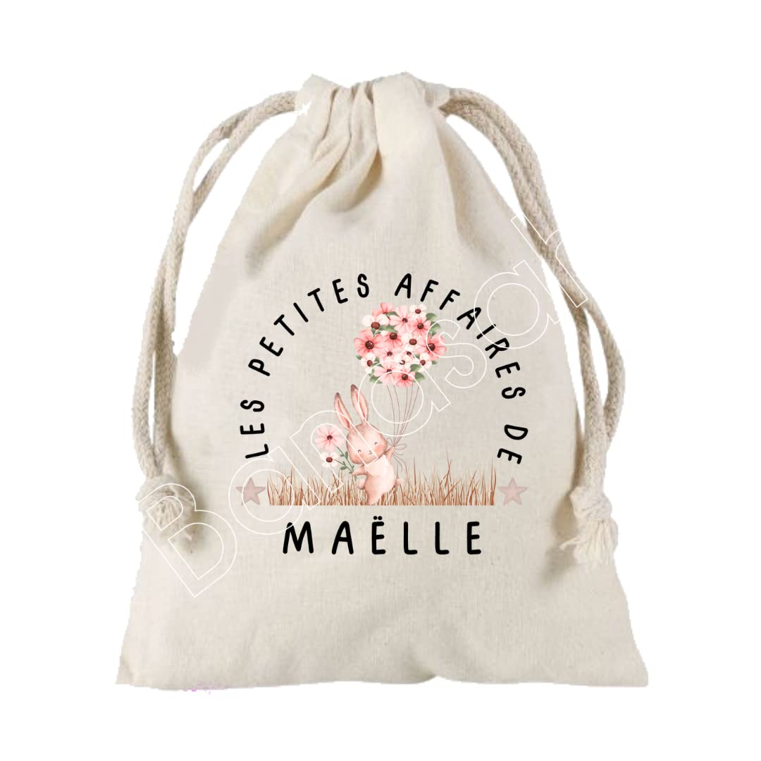 Grande Pochette à liens coulissants personnalisée au prénom de votre choix 100% coton 25X30 cm pour enfants, doudou, crèche