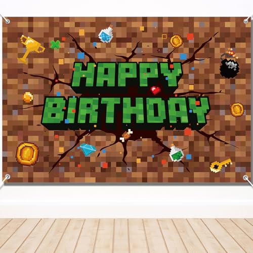 Image of Pixel Happy Birthday Backdrop, 106x71in /270x180cm Pixel Theme Party Decorations Video Game Banner Backdrop for Gaming Birthday Decor