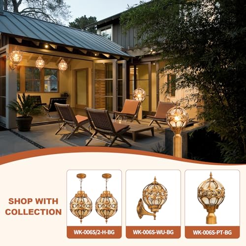 Gold Globe Outdoor Pendant Lights for Porch Entryway Hallway, Vintage Exterior Aluminum Waterproof Hanging Light Fixtures, Outside Ceiling Hanging Lamp with Round Amber Glass
