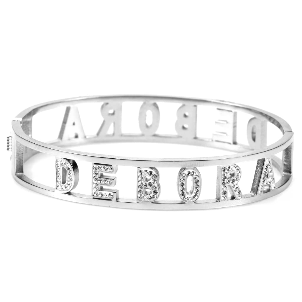 Flowers Bracciale Rigido Acciaio con Nome Vari e Zirconcini Sacchettino in Tessuto Scritta Nome ricoperta di Strass Brillantissimi Bracciale a Manetta Donna Chiusura a Molla Idea Regalo